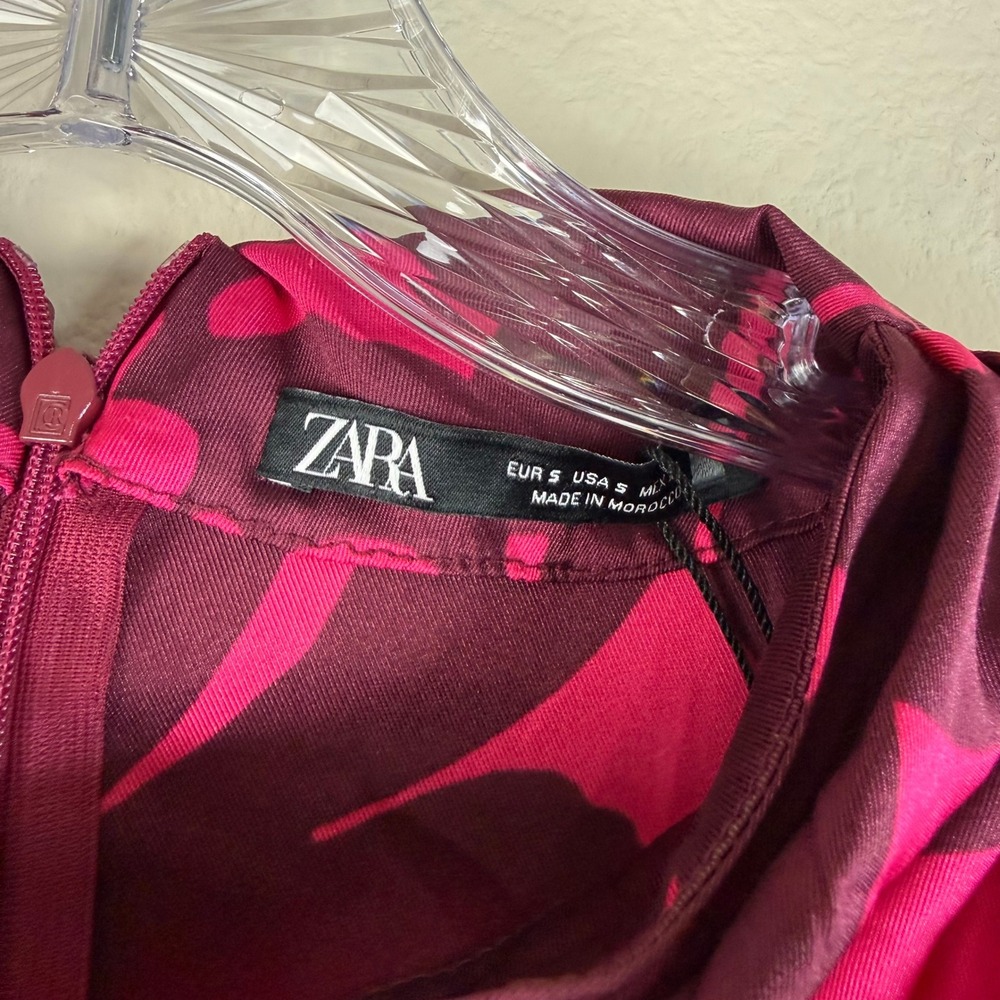 Zara Dress Womens Small Pink Floral Satin Draped Long Sleeve Mini Cocktail - Picture 3 of 6